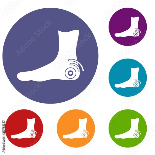 Foot heel icons set in flat circle red, blue and green color for web