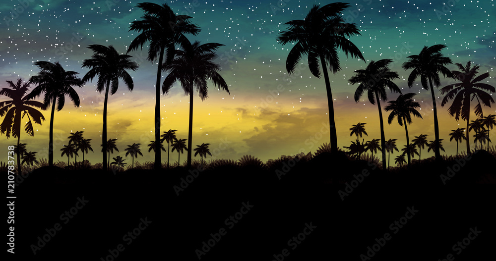 Night landscape with palm trees, against the backdrop of a neon sunset, stars