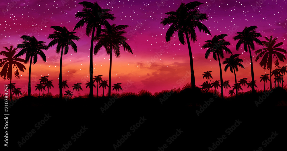 Night landscape with palm trees, against the backdrop of a neon sunset, stars