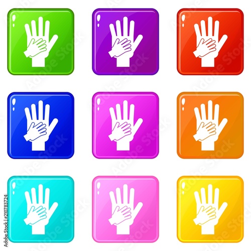 Parent and child hands together icons of 9 color set isolated vector illustration