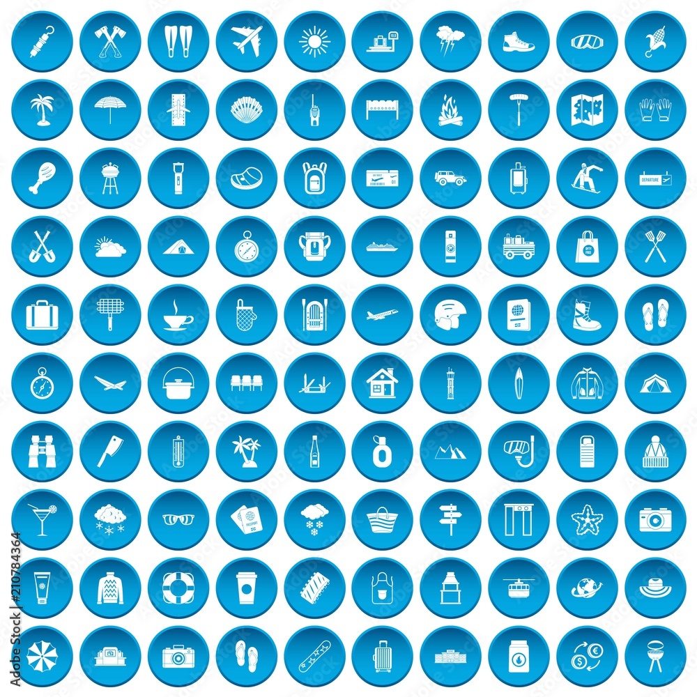 100 vacation icons set in blue circle isolated on white vector illustration