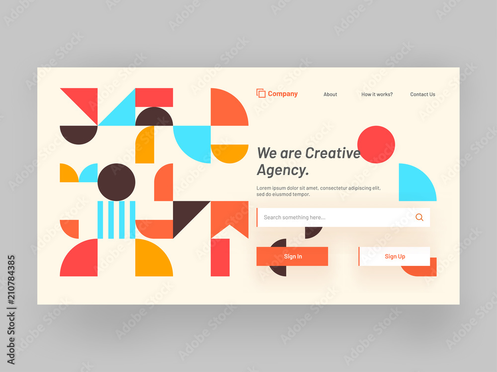 Responsive landing page or hero banner design with geometrical abstract elements for creative agency concept.