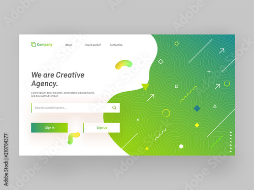 Responsive landing page or hero banner design with geometrical abstract elements for creative agency concept.