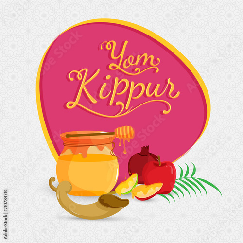 Yom Kippur banner or poster design, apple slices, pomegranate, dripper with honey jar, shofar horn, leaves on background.