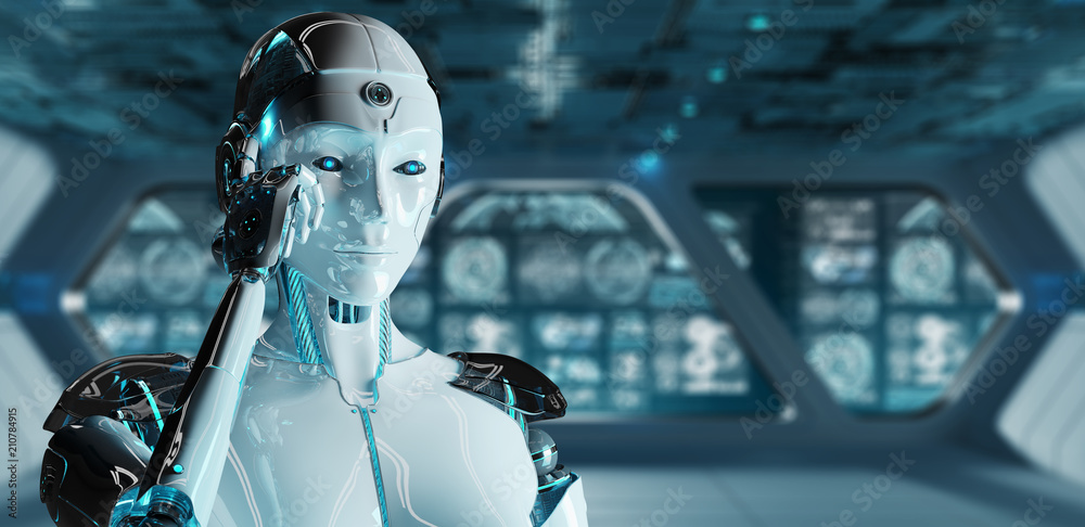 White woman cyborg thinking and touching her head 3D rendering White woman cyborg thinking and touching her head 3D rendering