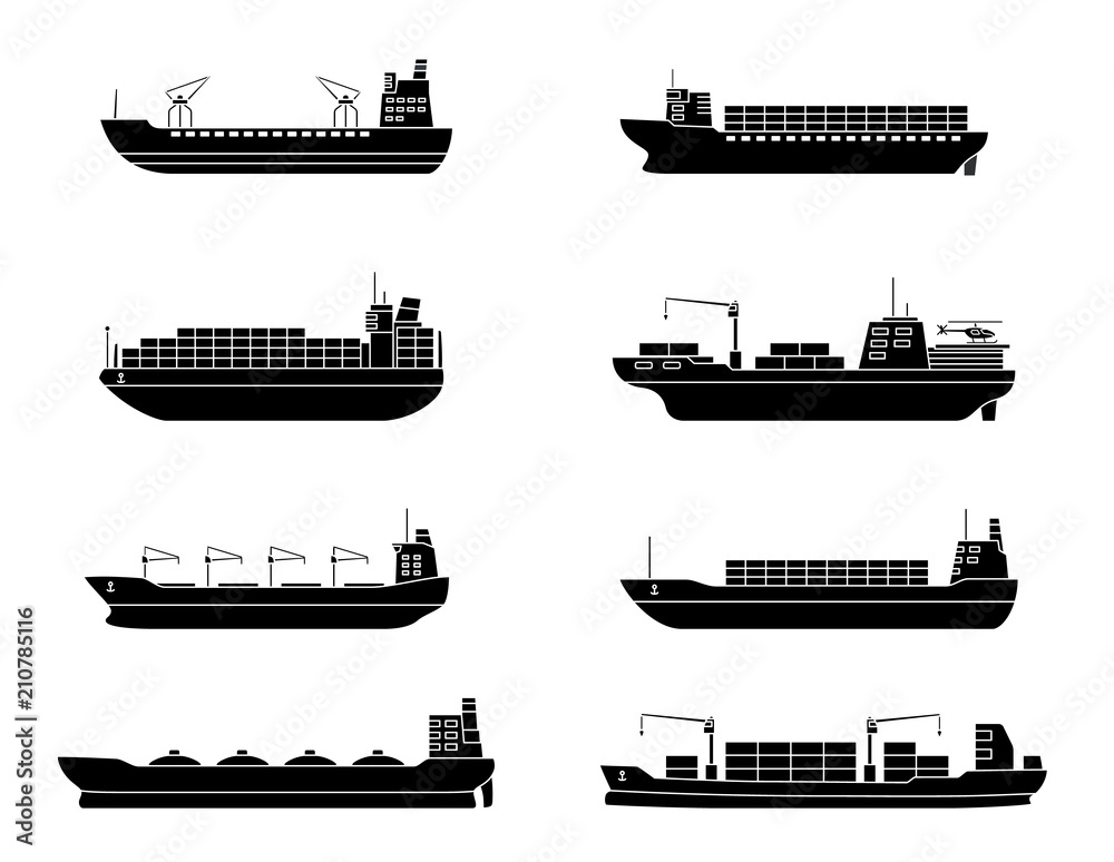 Set of commercial cargo ships. Sea transportation vehicle. Transport boat. - obrazy, fototapety, plakaty 