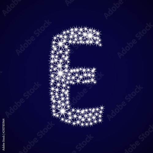 Letter of the alphabet E. Vector illustration. Shiny stars on blue background.