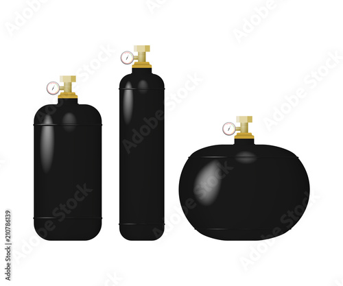 Set of black cylinder with liquefied gas. Compressed sulfur dioxide, nitrogen, argon vector illustration