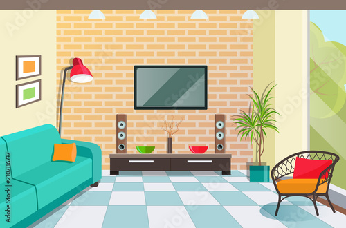 Living room with chair and television. Loft interior. Vector flat style illustration