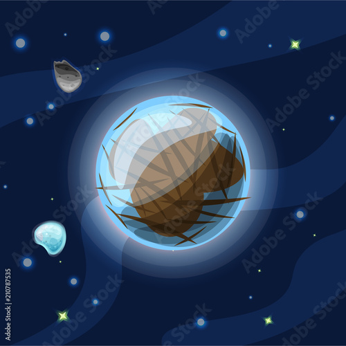 Europa, vector cartoon illustration. Blue and brown Jupiter Moon of Solar system in dark deep blue space, isolated on blue background