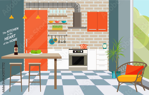 Kitchen interior with bar counter, window. Loft interior. Vector flat style  illustration