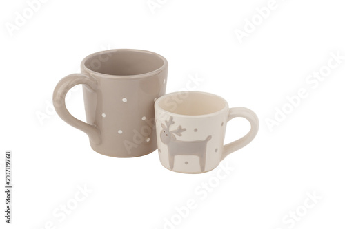 Beige ceramic cups for coffee or tea, white background