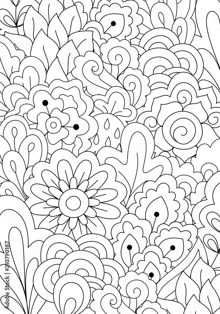 Fototapeta Pattern for coloring book. Black and white background with floral, ethnic, hand drawn elements for design.