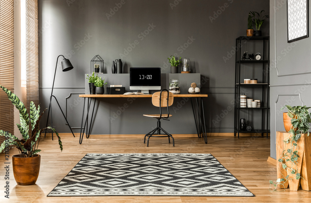 Scandi grey home office interior - obrazy, fototapety, plakaty 