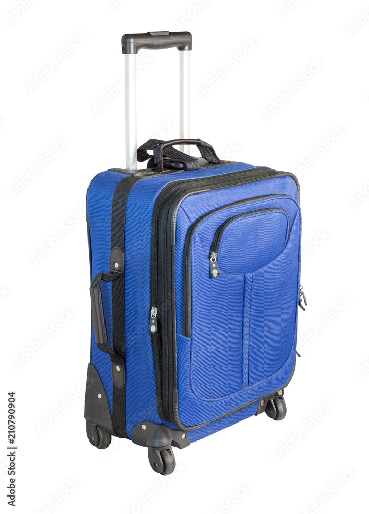 Blue travel suitcase with wheels isolated on white background. Blue travel suitcase with wheels isolated on white background.