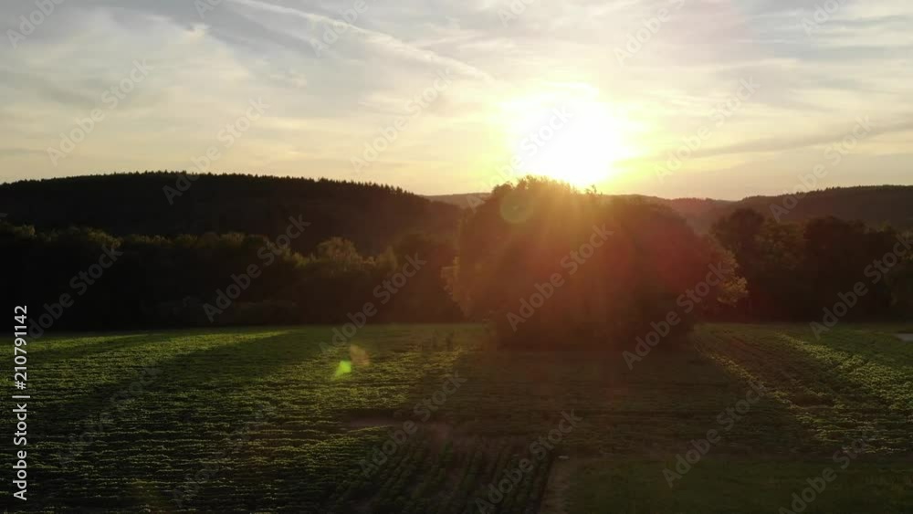 Amazing sunset in the country - wide farmlands and fields - aerial drone flight Amazing sunset in the country - wide farmlands and fields - aerial drone flight