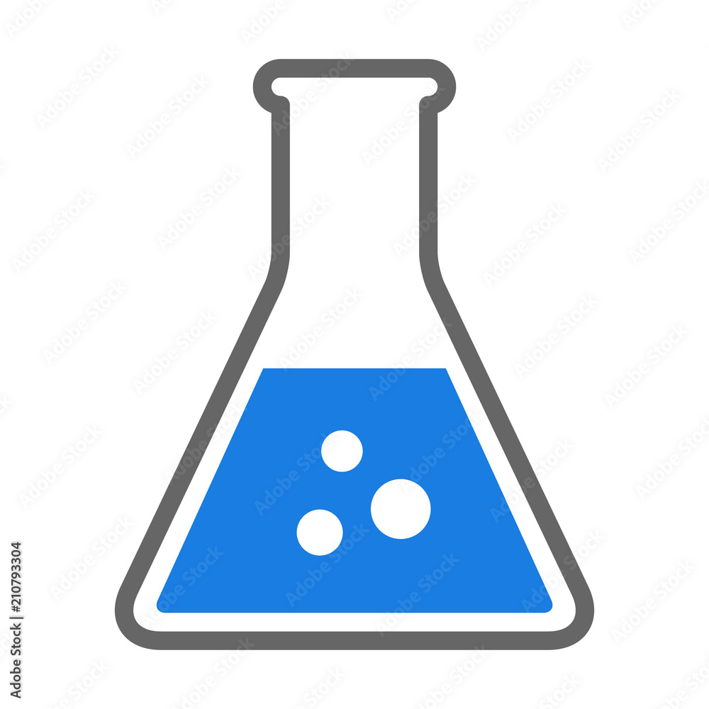 Erlenmeyer flask chemistry beaker with blue chemical flat vector icon