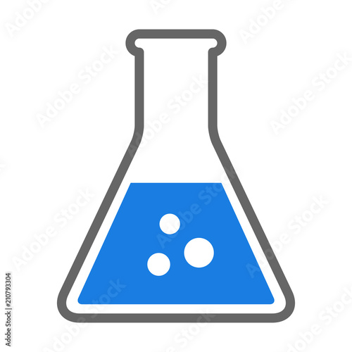 Erlenmeyer flask chemistry beaker with blue chemical flat vector icon for science apps and websites