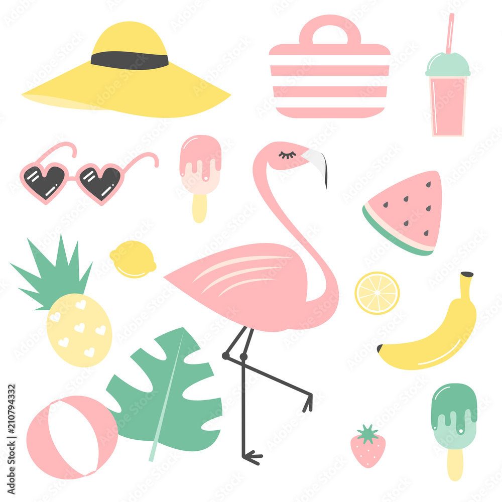 Naklejka premium cute cartoon colorful vector summer set collection 