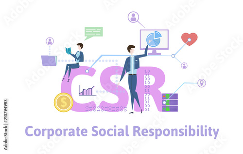 CSR, Corporate Social Responsibility. Concept with keywords, letters and icons. Colored flat vector illustration on white background.