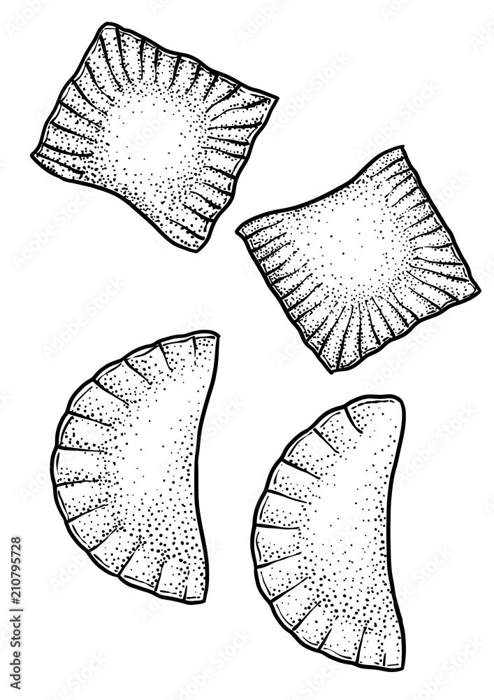 Ravioli, pasta illustration, drawing, engraving, ink, line art, vector