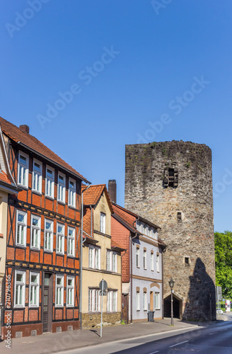Historic Ziegelpfortenturm tower in the center of Munden, Germany