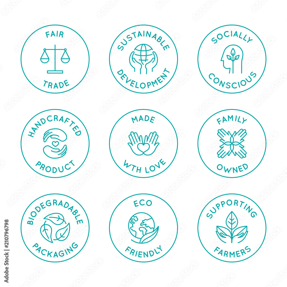 Vector set of linear circle design elements, logo templates, icons and badges for natural organic cosmetics with clean ingredients