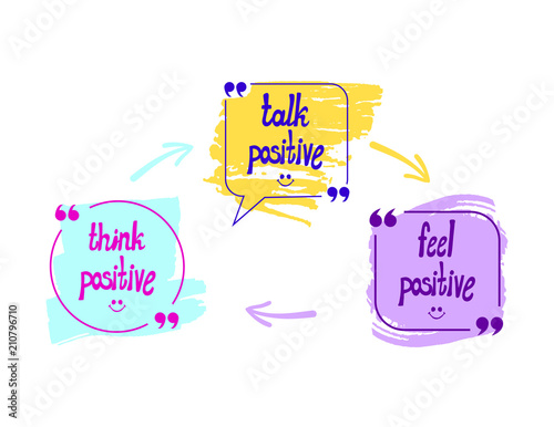 Vector Talk Bubbles with Words: Think, Talk and Feel Positive, Optimistic Lifestyle Concept, Hand Drawn Arrows.