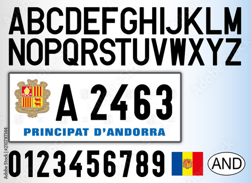 Andorra old car license plate, letters, numbers and symbols