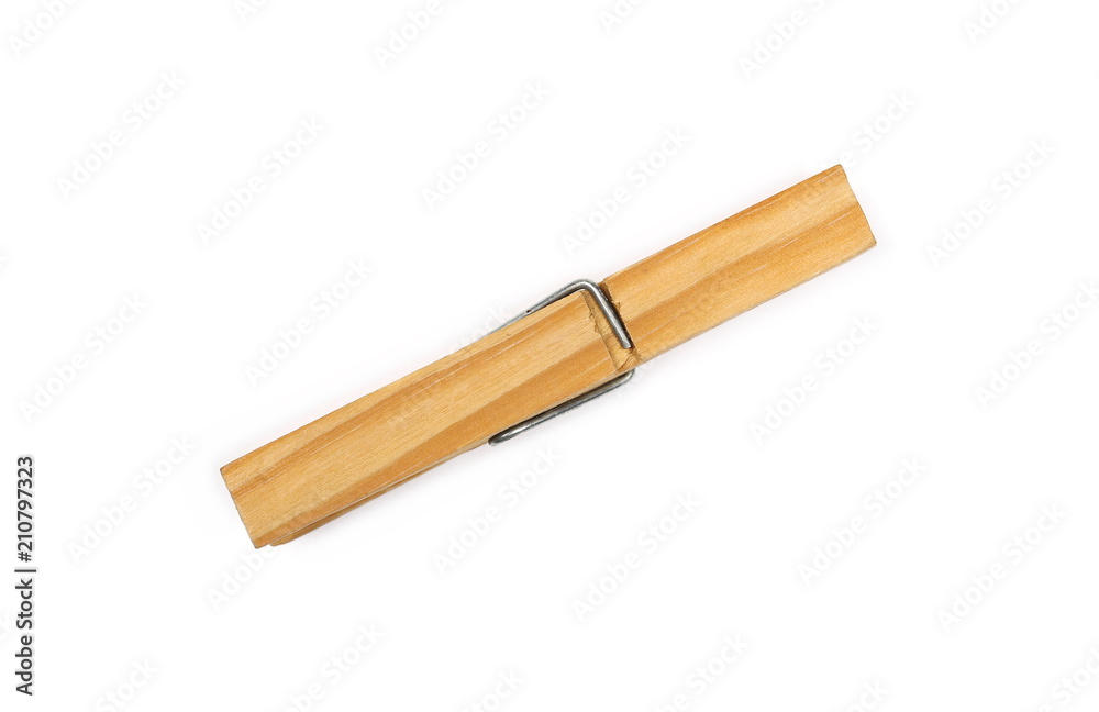 Wooden clothespin, peg isolated on white background, top view Wooden clothespin, peg isolated on white background, top view