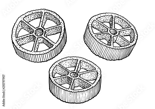 Rotelle, pasta illustration, drawing, engraving, ink, line art, vector