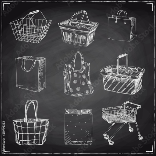 Beautiful vector hand drawn shopping cart, bag and basket set Illustrations.