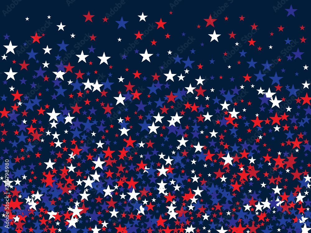 Patriotic 4th of July, Independence Day of America Stars Confetti. Flying Stars Texture, US Blue, Red, White Confetti Banner. USA Independence Day, 4th of July, National Symbols Banner Background.