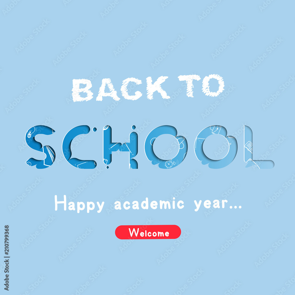 Welcome Back to school. Banner with set of doodle icons on blue background. Concept for education. Vector illustration EPS10