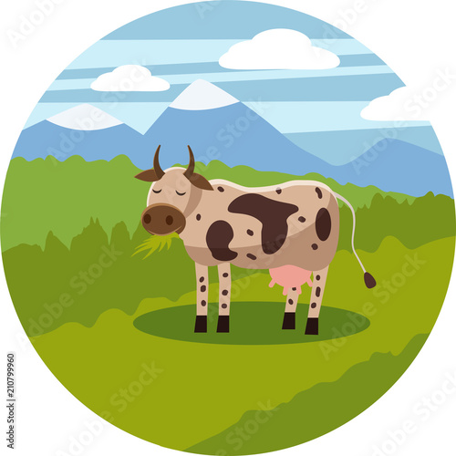 Cute cartoon cow on background landscape illustration, vector, isolated