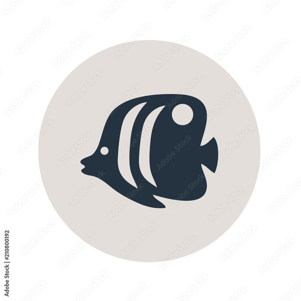 Icono plano silueta pez tropical en circulo gris Icono plano silueta pez tropical en circulo gris