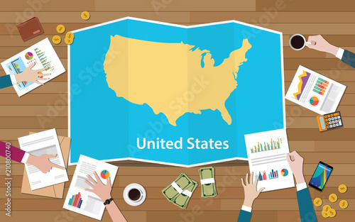 usa united states of america economy country growth nation team discuss with fold maps view from top