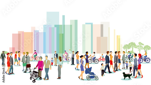 Stadt mit Personengruppen, Illustration photo