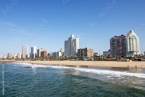 Ocean and Beach Against City Skyline Durban South Africa