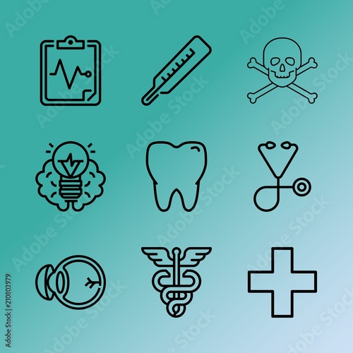 Vector icon set about medicine with 9 icons related to business, degree, biology, brain, cure, optometric, celsius, male, education and toothache