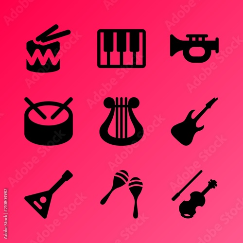 Vector icon set about music instruments with 9 icons related to note, graphic, isolated, silhouette, fiddle bow, concept, bow, musician, fiddle and sound