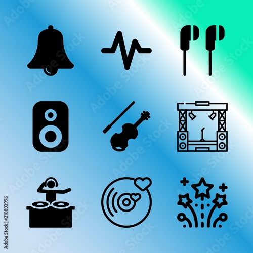 Vector icon set about music with 9 icons related to silhouette, lp, happy, element, happiness, ruler, stereo, cinema, hand and culture
