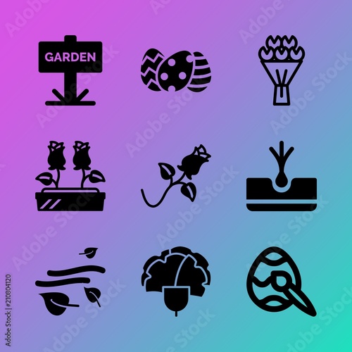 Vector icon set about flowers with 9 icons related to floral, sakura, red, garden, metal, chicken, tuberous, romantic, closeup and root