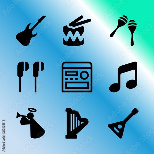 Vector icon set about music with 9 icons related to texture, shiny, band, horn, mouthpiece, fm, dj, illustration, beautiful and bugle