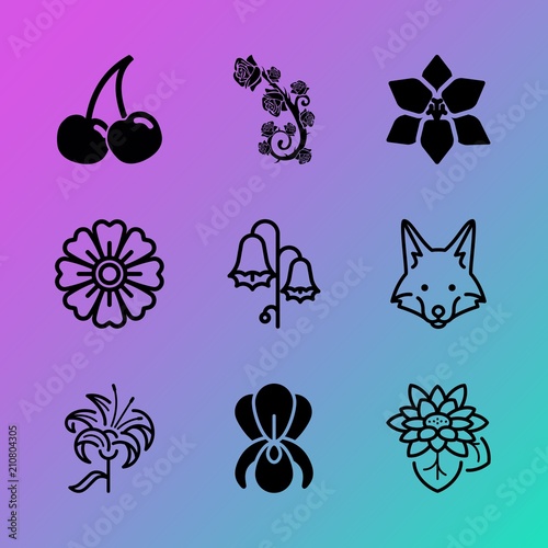 Vector icon set about flowers with 9 icons related to travel, denali, sweet, bouquet, sketch, ornamental, clipping, summer, blossom and yoga