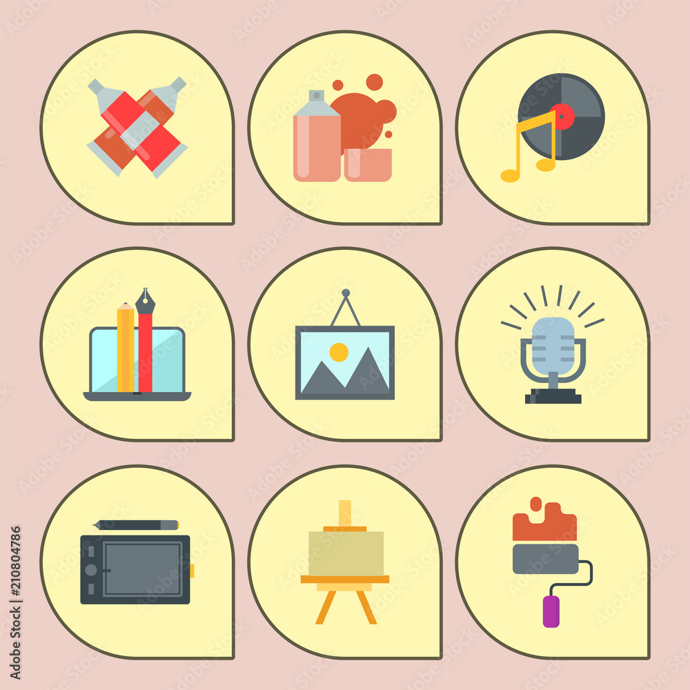 Set of art icons in flat design atist ink graphic color creativity movie collection vector illustration. Set of art icons in flat design atist ink graphic color creativity movie collection vector illustration.