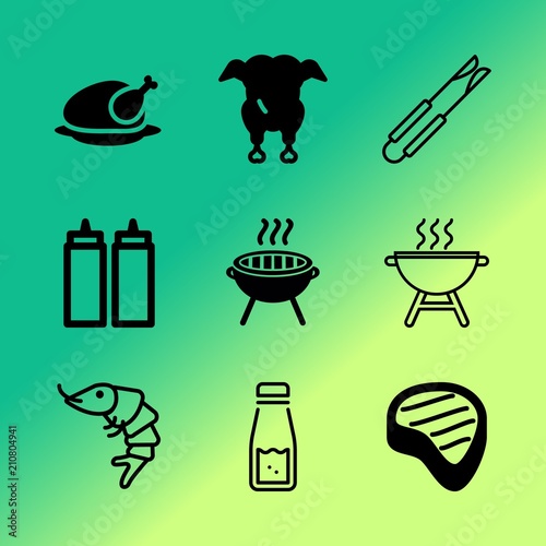 Vector icon set about barbecue with 9 icons related to splash, tongs, spice, braai, dressing, mayo, people , portion, snack and glowing