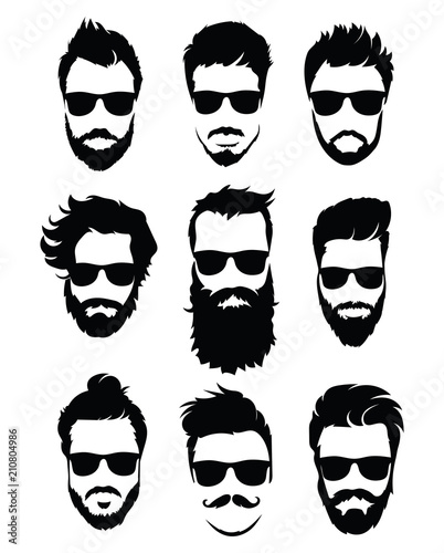 Set of hairstyles for men in glasses. Collection of black silhouettes of hairstyles and beards. Vector illustration for hairdresser.
