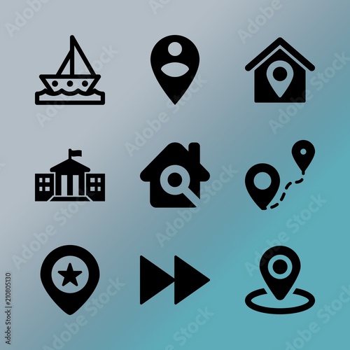 Vector icon set about location with 9 icons related to video, position, white, skyline, bubble, architecture, design, apartment, player and building