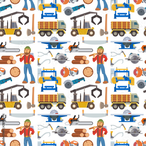 Sawmill woodcutter character logging equipment lumber machine industrial wood timber forest seamless pattern background vector illustration.
